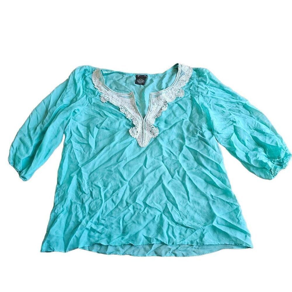 Anthropologie fei womens Sz L light teal blue sheer 100% silk blouse